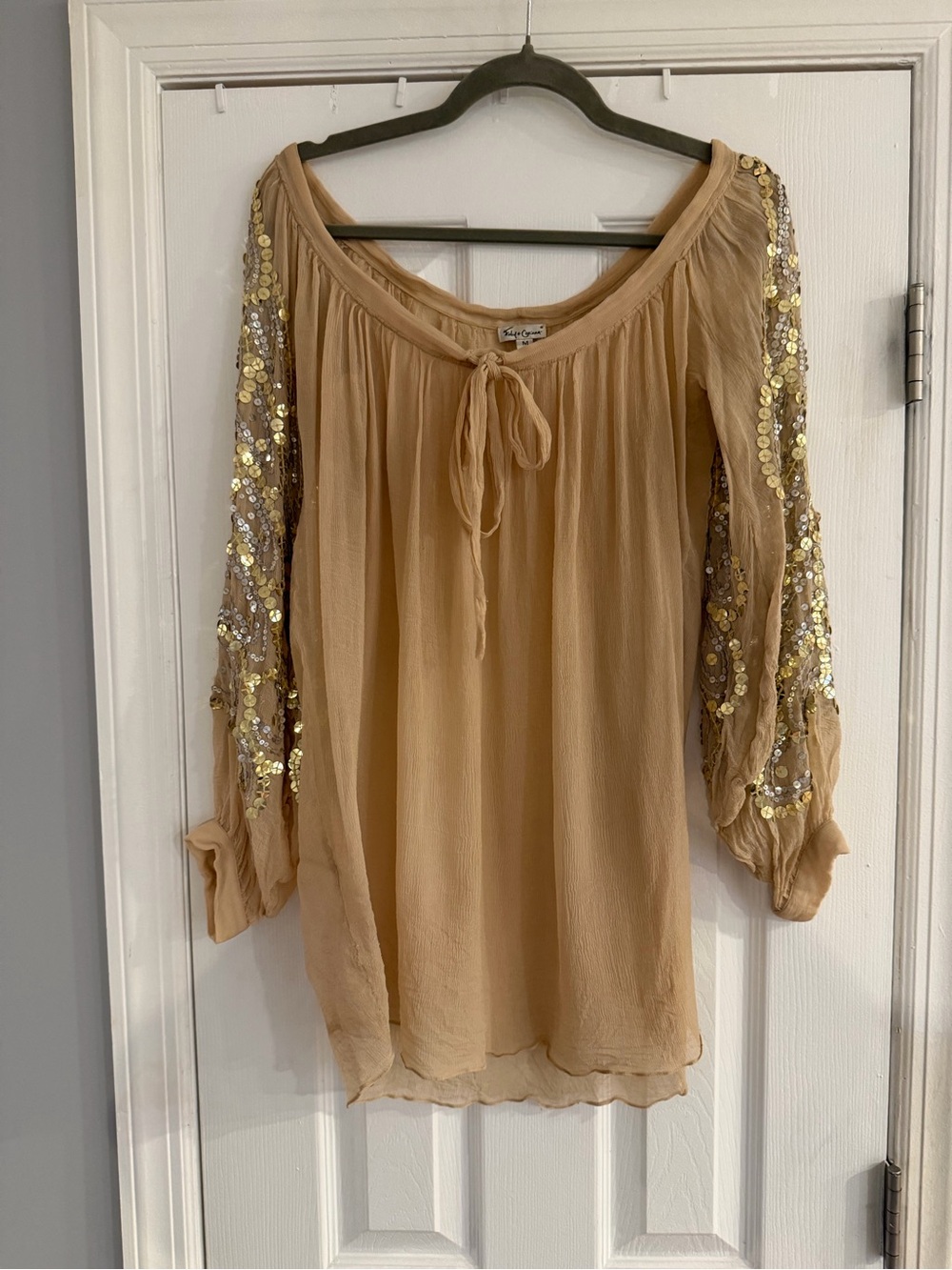 Vintage Foley + Corinna Tan Sequin-Sleeve Peasant Blouse